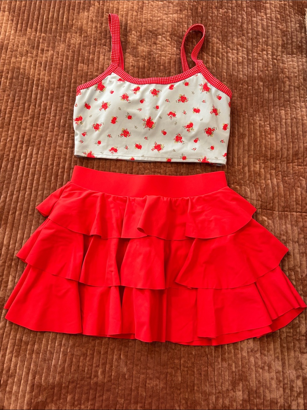 Altar’d  State Revival Red Tiered Ruffle Skort with Floral Crop Top set